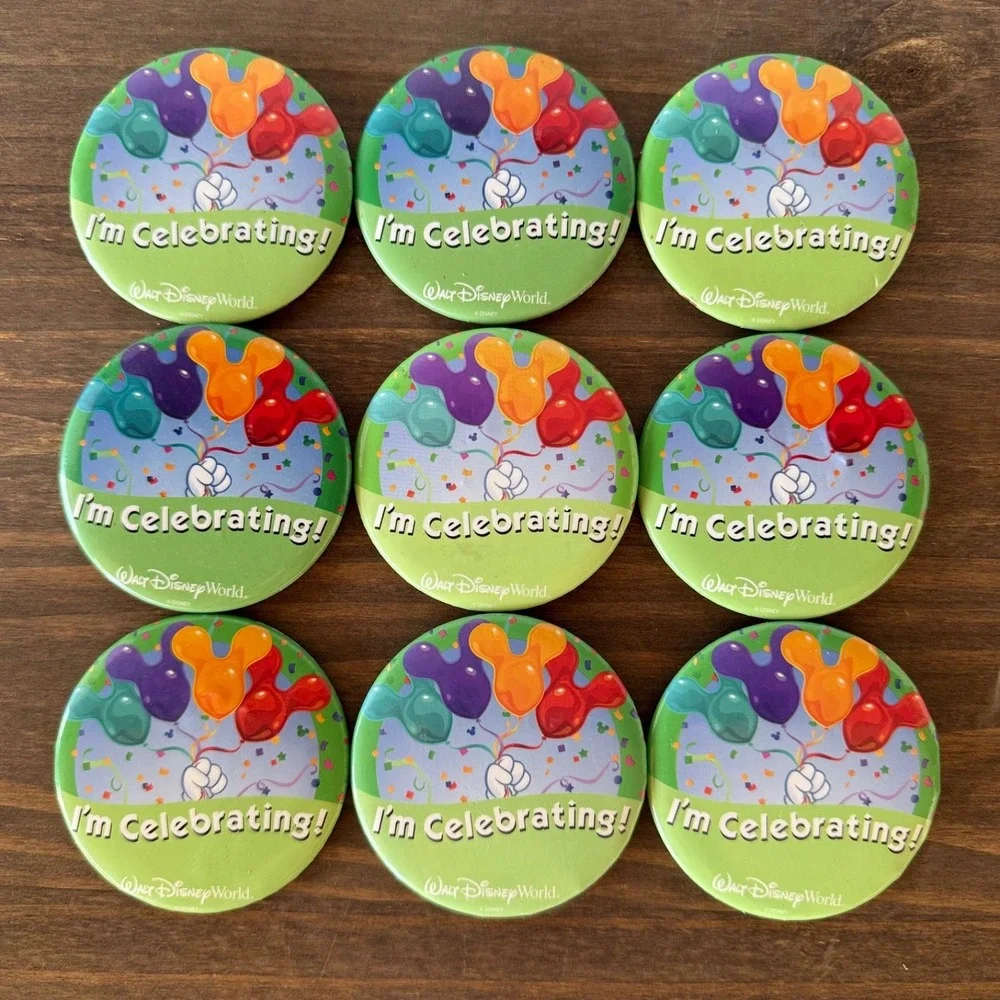 9pc Vintage Disney‎ World I'm Celebrating Balloon Button Pins Lot of 9